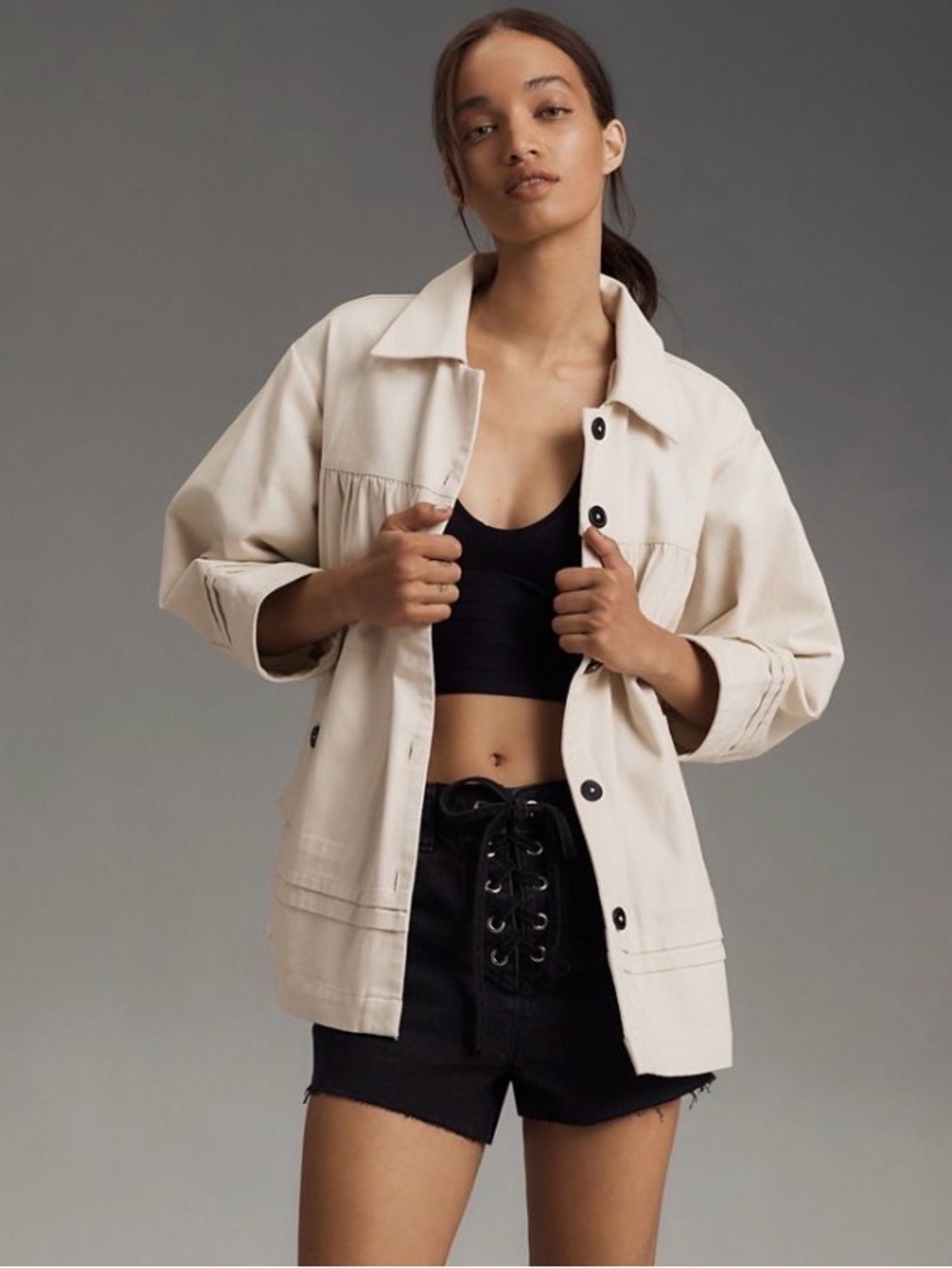 Maeve size XS ivory 100% cotton collared swing chore coat